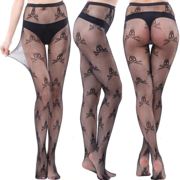New Sealed Skull and Crossbones  Fishnet Tights Erotic Sexy Mesh Pantyhose - Picture 1 of 1